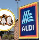 Collage of ALDI storefront and a Halloween ghost coir mat product