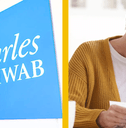 charles schwab office and upset senior woman