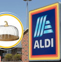 Collage of Aldi storefront and a glass pumpkin dome product