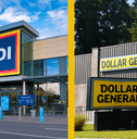 Collage of Aldi and Dollar General store front