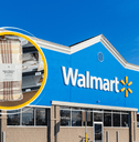 Collage of Walmart storefront and a plaid napkin product
