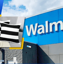 Collage Walmart store front and black and white throw pillows