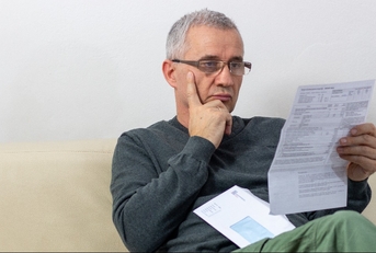 Worried middle-aged man reading unexpected news in paper document
