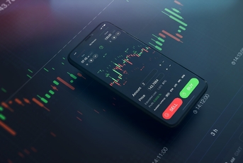 Futuristic stock exchange scene with mobile phone