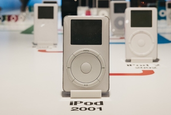 range of iPods inside Apple Museum in Prague