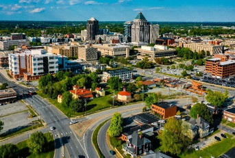 aerial shot of the city of Greensboro North Carolina