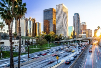 Los Angeles downtown buildings skyline highway traffic