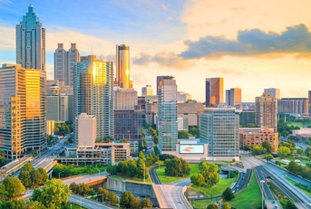 The downtown Atlanta skyline at sunrise. 