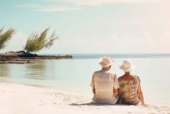 senior couple sitting on a sunny sandy beach enjoying their retirement vacation together