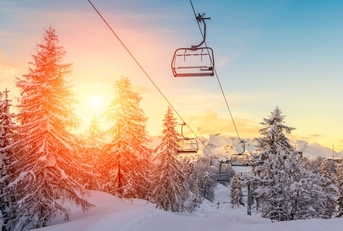 sunset in winter landscape in mountains Julian Alps