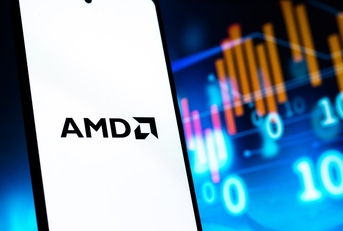 amd logo on smartphone with colorful codes at the back