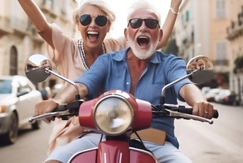 Retired happy senior couple enjoying holidays while riding scooter on the roads of Italy, Europe.