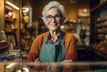 Thoughtful senior female standing at her shop is smiling at camera