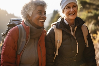 lesbian couple hiking outdoors