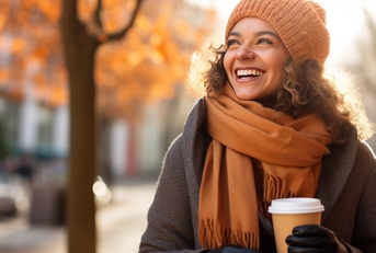 Woman relishes a coffee cup on the street.