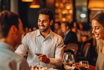 happy friends eating dinner in restaurant
