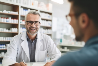 male pharmacist prescribing medicines to patient