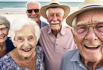 senior friends posing at beach vacation
