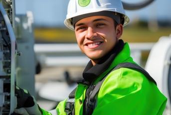 happy male electrician fixing airplane turbines