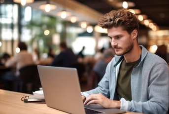 working on a laptop in a cafe
