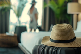 sun hat and suitcase in hotel room