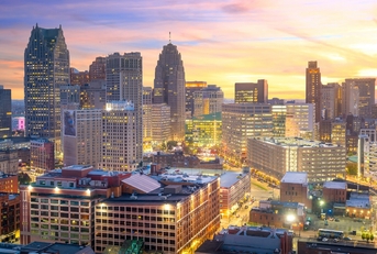 downtown Detroit skyline at twilight