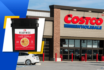 Costco emergency food supply bucket with storefront