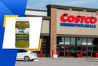 Kirkland Signature Basil Pesto with Costco storefront