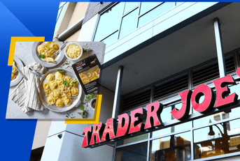 Collage of Trader Joe&#x27;s store front and Cacio e Pepe Ravioli plate and product