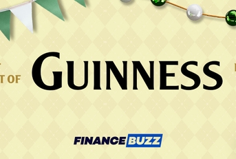 A yellow diamond pattern features the title &quot;Cost of a Pint of Guinness in Every State,&quot; along with the FinanceBuzz logo.