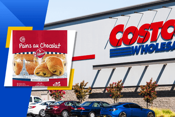Collage of Pains au Chocolat from La Boulangere and Costco store front