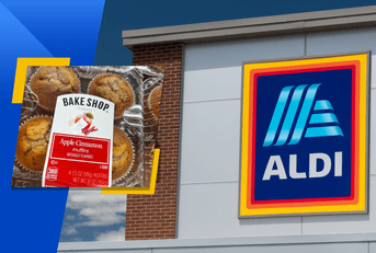 Collage Aldi front store and Apple Muffin tray