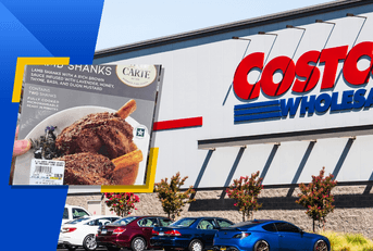 Collage of Costco store front and Lamb Shanks meal box 