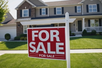 Red &#x27;For Sale&#x27; sign in a grassy yard