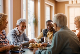happy seniors talk while eating lunch