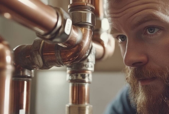 Home inspector looking at pipes closeup