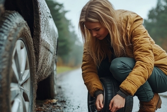 A woman changing a tire