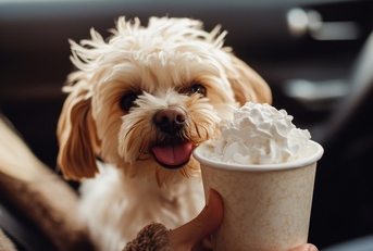 dog excitedly looking at a whipped cream