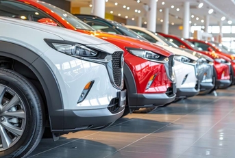 car at a bustling car dealership showroom