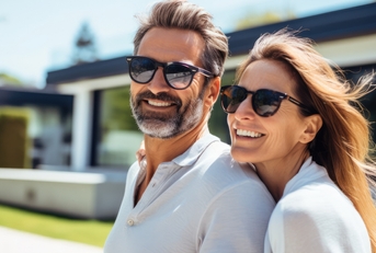 40 year old couple is having fun in front of their modern house
