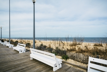 Delaware boardwalk on water with benches