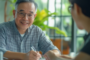 smiling senior man signing document