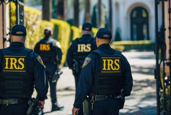 IRS tax agents standing in front of a mansion for a raid