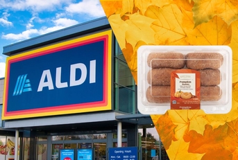 Aldi storefront with pumpkin donuts collage