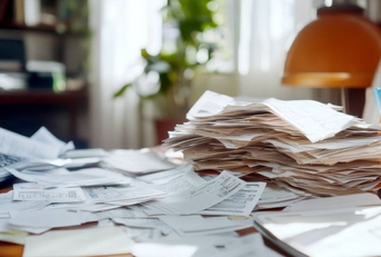 Desk filled with overwhelming piles of bills and cluttered paperwork