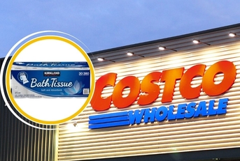 Costco storefront with Kirkland Signature toilet paper collage