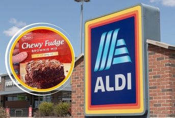 Aldi storefront with brownie mix collage