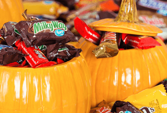 halloween candy in ceramic pumpkins