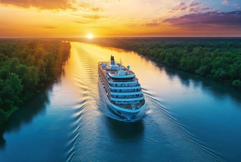 Cruise ship navigating river at sunset