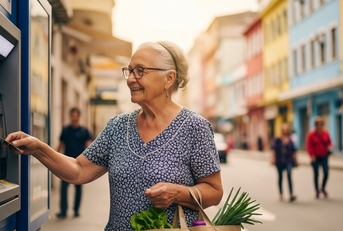 senior woman using atm machine